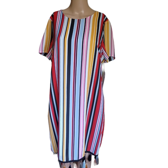 Aidan Mattox Womens Multicolored Stripes Shift Dress Tasseled Scoop Neck Size 14 - Picture 9 of 10